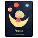 Tablet mit dem Cover eines Human Design Reading für Kinder als E-Book, illustriertes Mädchen sitzt auf einer Mondsichel umgeben von lächelnden Planeten, mit dem personalisierten Namen