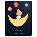 Human Design Kinder E-Book Cover auf einem Tablet, Junge mit blondem nach oben gegeltem Haar sitzt auf einer goldenen Mondsichel