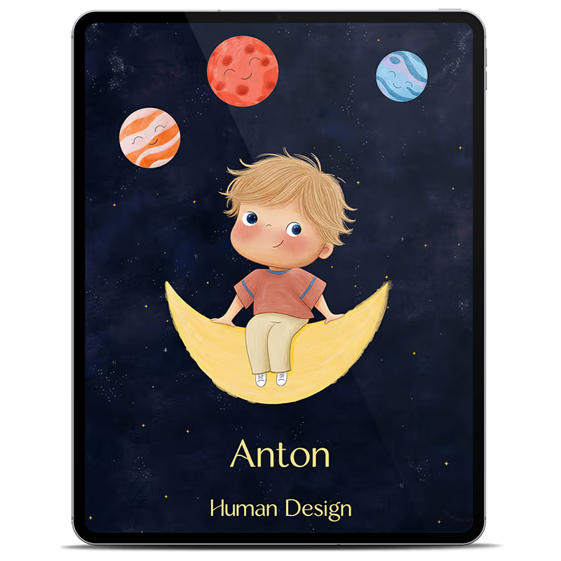 Human Design Kinder E-Book auf einem Tablet, illustrierter Junge mit hellbraunen struppigen Haaren sitzt auf einer goldenen Mondsichel