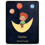Cover des Human Design Kinder E-Books auf einem Tablet, rothaariger Junge mit Brille sitzt auf einer goldenen Mondsichel