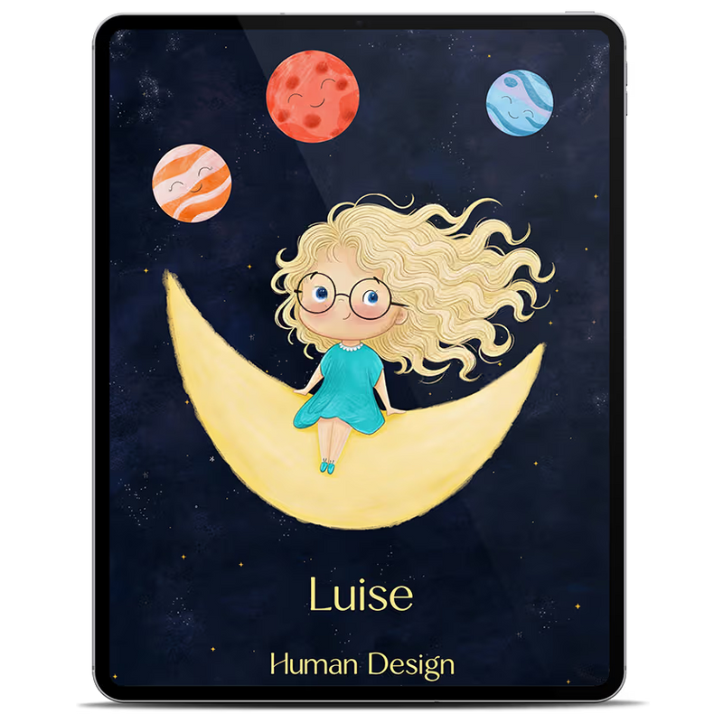 Cover des Human Design Kinder E-Books auf einem Tablet, Mädchen mit langen blonden im Wind wehenden Haaren und Brille sitzt auf einer Mondsichel