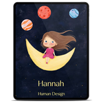 Tablet mit dem Human Design Kinder E-Book Cover, illustriertes Mädchen mit langen braunen Haaren auf einer goldenen Mondsichel
