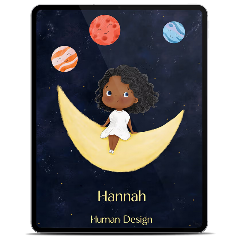 Cover des Human Design Kinder E-Books auf einem Tablet, dunkelhäutiges Mädchen mit schwarzen Haaren sitzt auf einer goldenen Mondsichel
