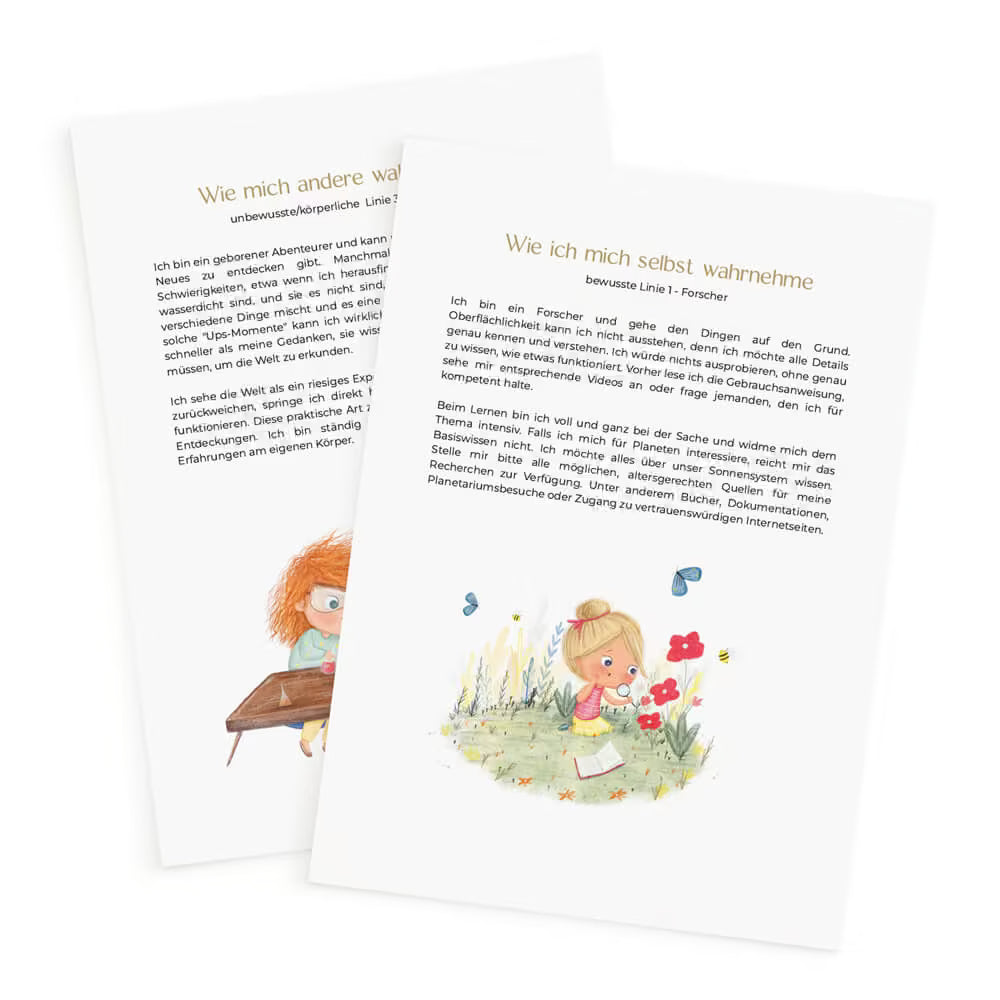 Aus dem Human Design Kinder PDF: Einblick in die Seiten zu Profil und Linien mit kindgerechten Illustrationen